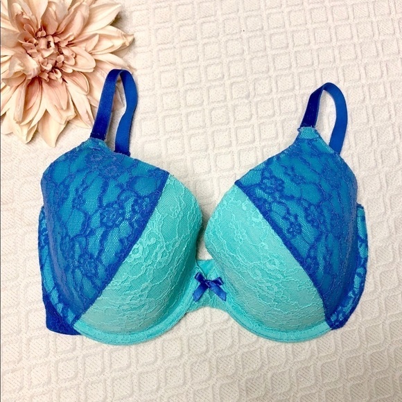 Victoria Secret Green Blue Lace Lined Perfect Coverage Bra 32DD - Picture 2 of 8
